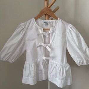 GANNI White Cotton Poplin Peplum Tie Blouse